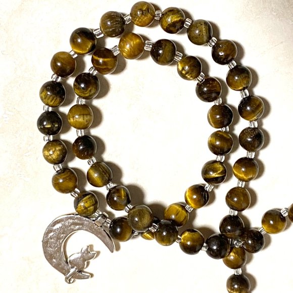 Tigers Eye Silver Cat on the Moon Necklace, Genuine Gemstone Beaded Necklace - Picture 8 of 10